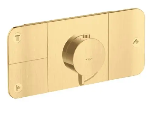 Thermostatmodul in Bürstenmessing-Optik, geeignet für die Unterputzmontage. Enthält einen Rundregler in der Mitte und Bedienelemente für drei Verbraucher von AXOR.